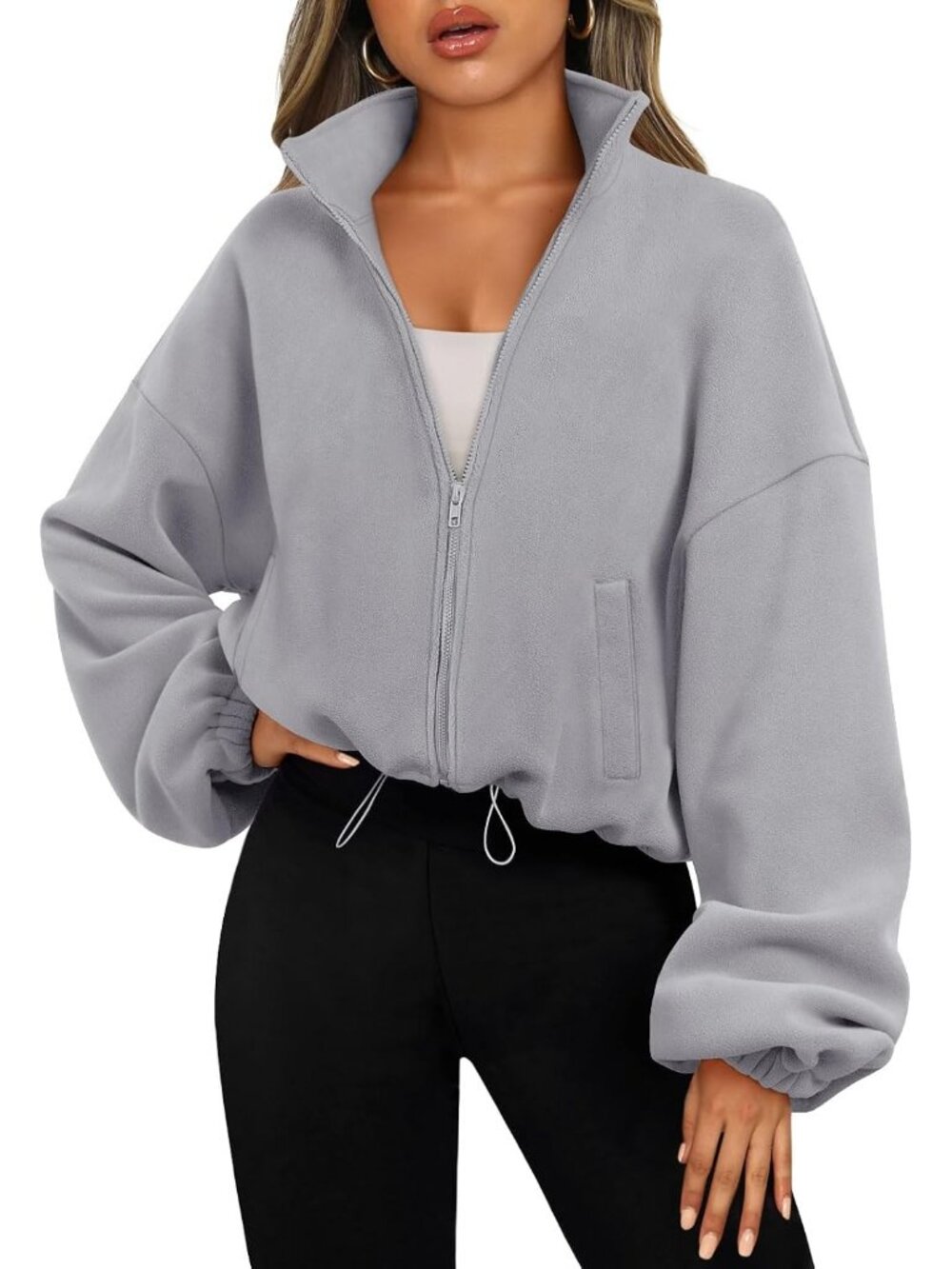 Women's Grey Long Sleeve ZIP Up Oversized Cropped Sweatshirt Fleece Jacket